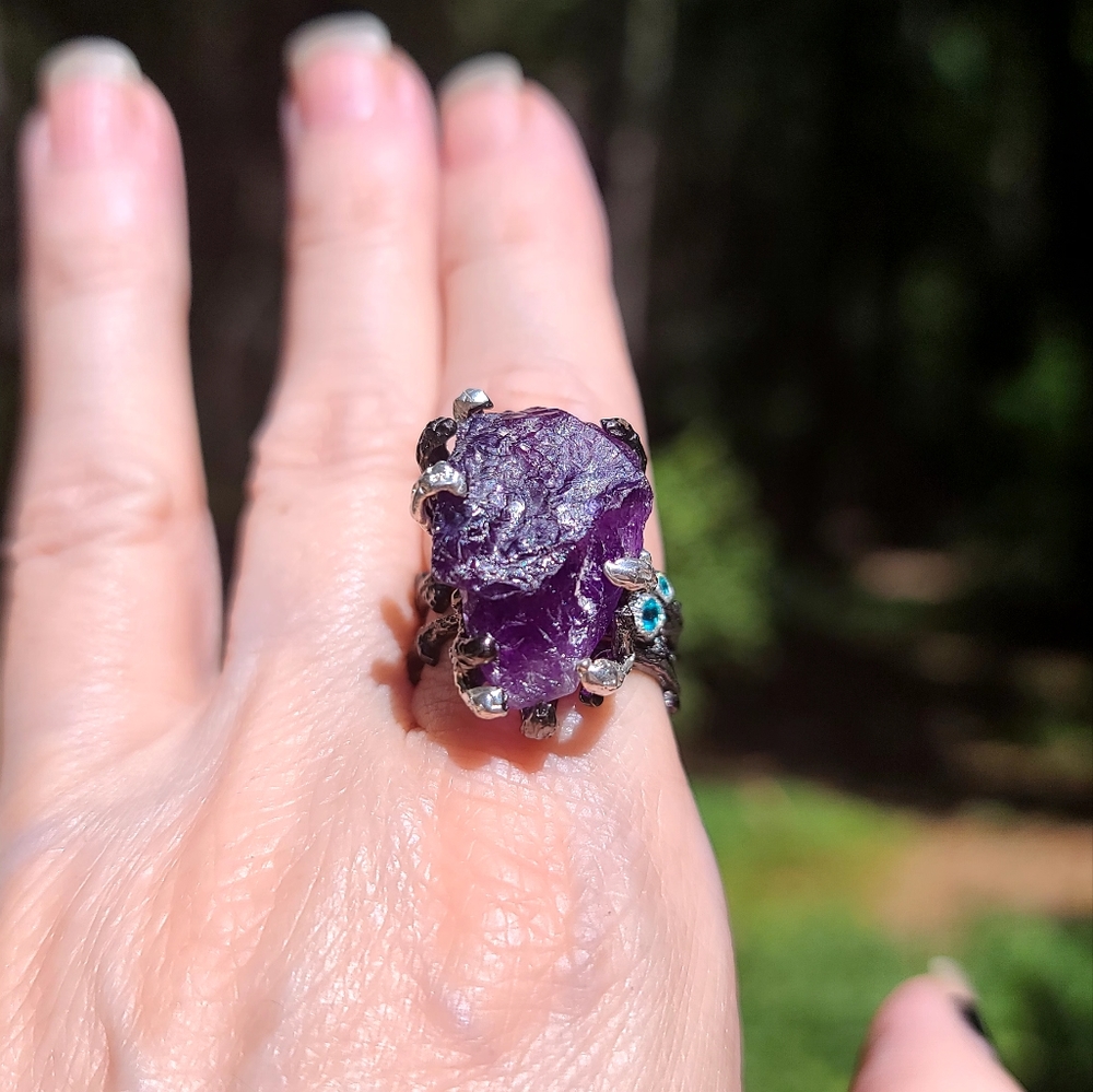 Deep Amethyst raw crystal Branch Sterling ring sz8 - Picture 4 of 9